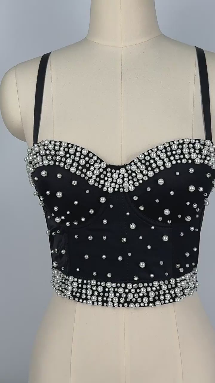 Load video: NURO Women's Pearl and Rhinestone Festive Underwire Bustier Top