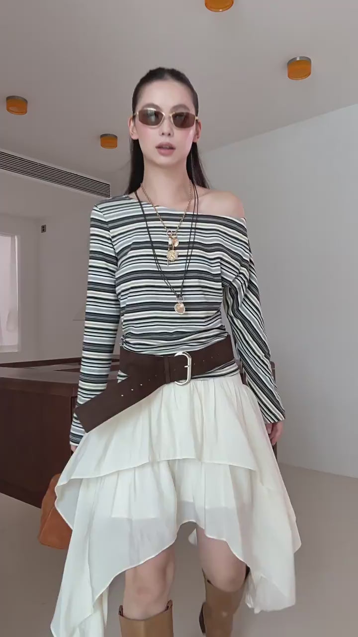 Load video: NURO Women's Asymmetric Hem Skirt, Double Layer Wave Design Midi Skirt with Tie Front, Wrinkle-Free Streetwear Skirt in White