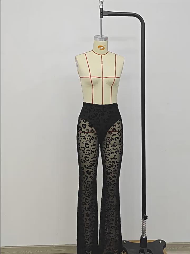 Load video: NURO Women's Flocked Sheer Mesh High-Waist Flare Leg Pants