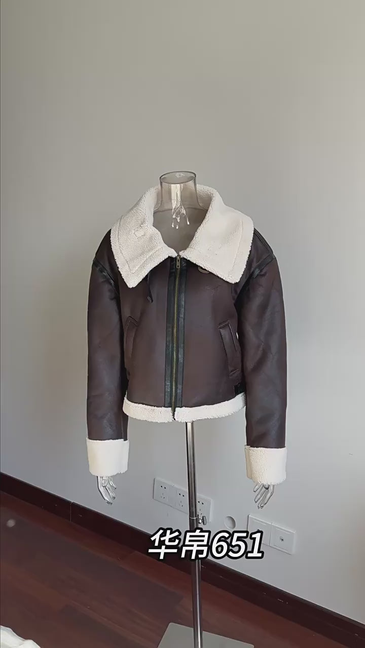 Load video: NURO Women's Suede-Look Faux Shearling Jacket, Cropped Zip-Up Biker Style Coat