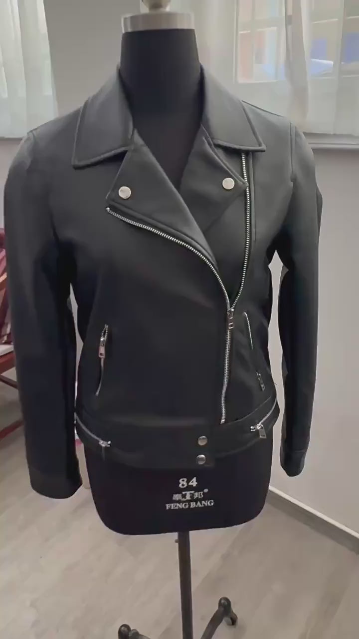 Load video: NURO Women's Turn-Down Collar PU Leather Jacket, Slim Fit Zip-Up Biker Style Coat