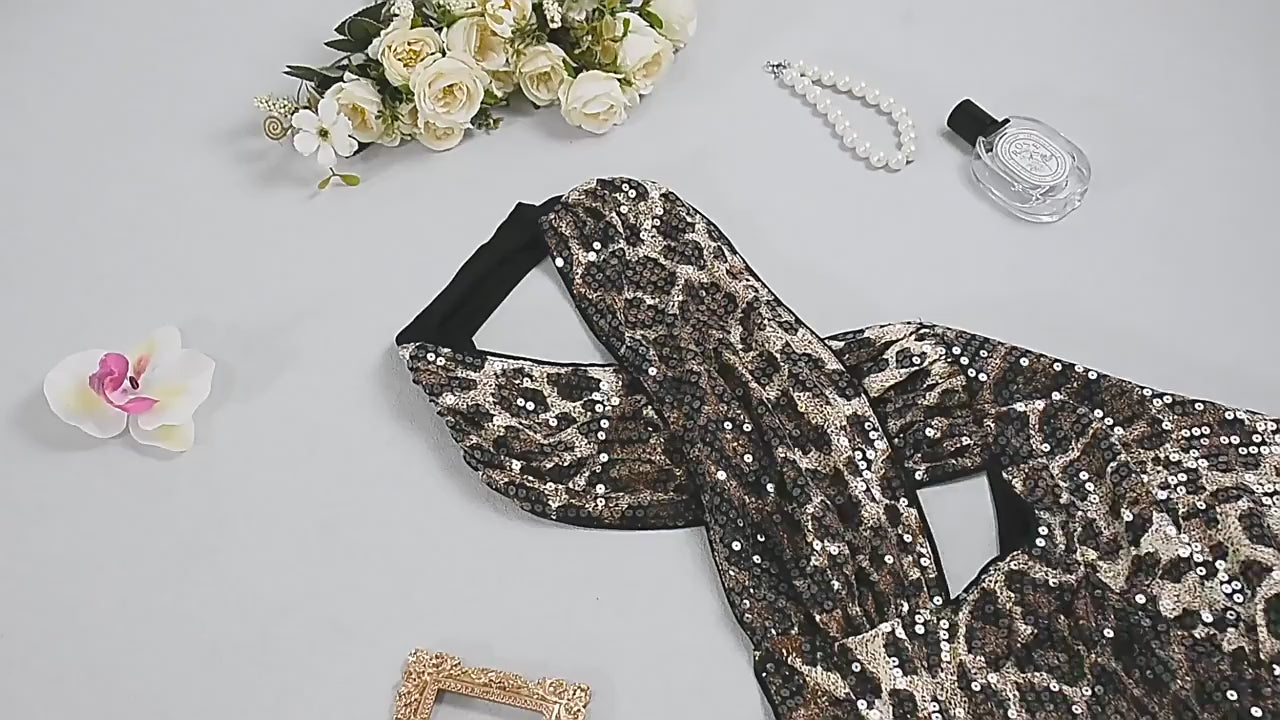 Load video: NURO Women's Halter Neck Sequin Leopard Bodycon Dress - Backless, Long Sleeveless Gown, Evening Party Dress