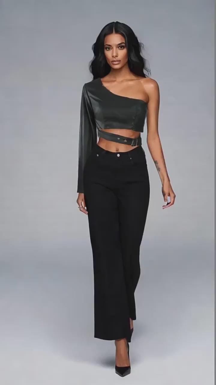 Load video: NURO Women's Off-Shoulder Faux Leather Jacket, Asymmetrical Cropped Rocker Style Coat