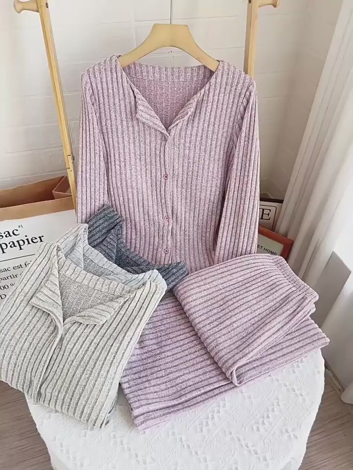 Load video: NURO Women's Built-in Bra Loungewear Set, V-Neck Long Sleeve Sleepwear, Thick Warm Pajamas for Fall and Winter, Pure European Style