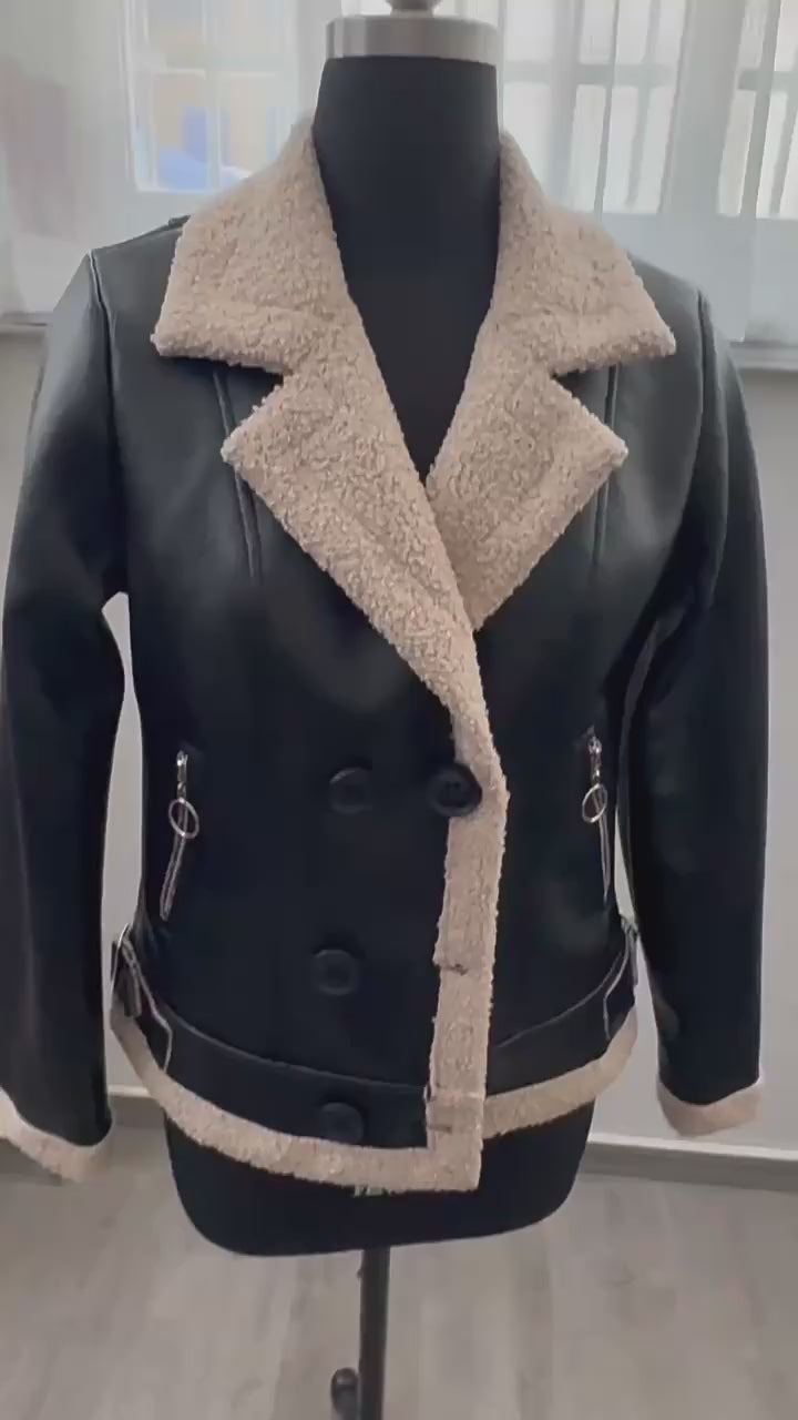 Load video: NURO Women's Faux Fur Lined PU Leather Jacket, Double-Breasted Trench Style Coat