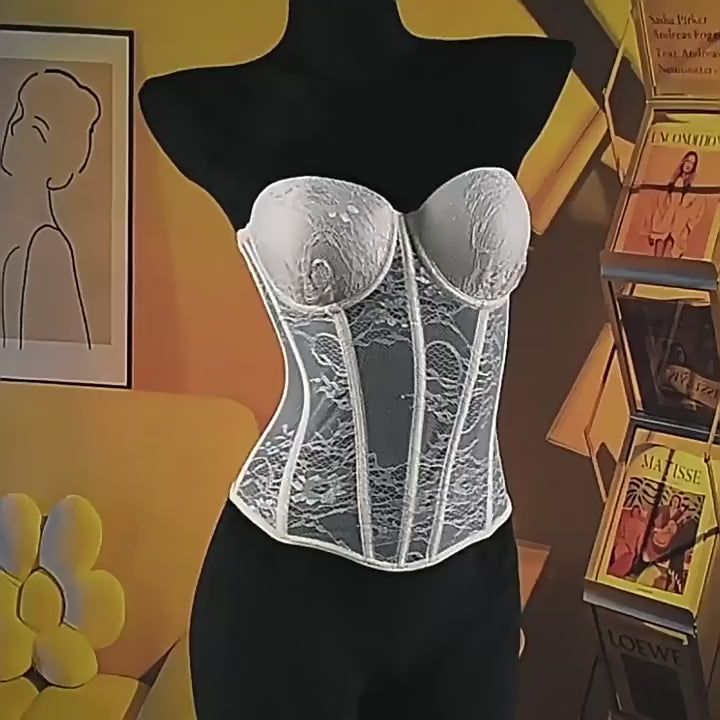Load video: NURO Women's Embroidered Sheer Corset Top - Lace-Up, Boned, Bustier, Body Shaper