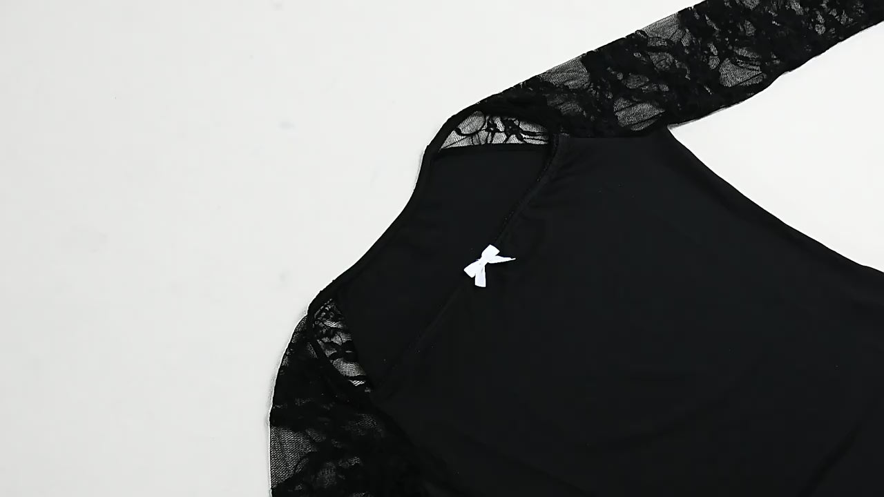 Load video: NURO Women's Lace Long Sleeve Crop Top - Sheer, Bow Detail, Bodycon Fit, Sexy Blouse