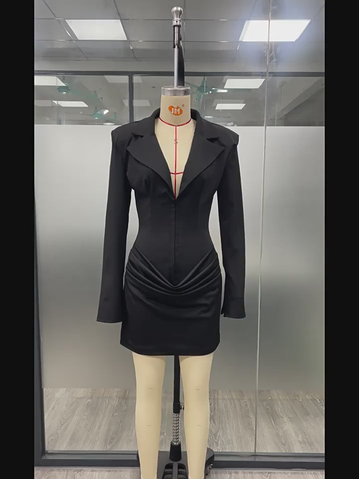 Load video: NURO Women's Solid Slim Fit Deep V Neck Belted Blazer Dress