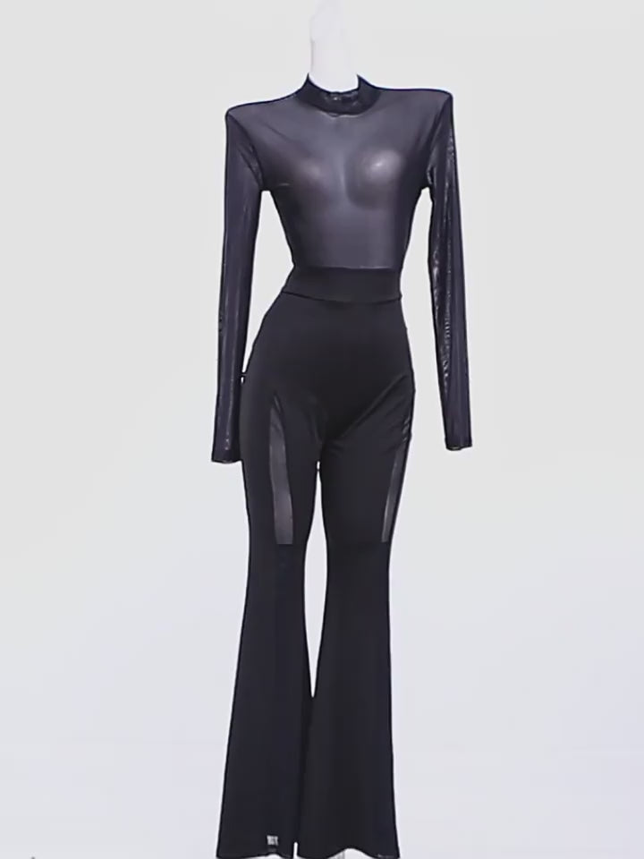 Load video: NURO Women's Sheer Mesh Panel Long Sleeve Flare Leg Jumpsuit