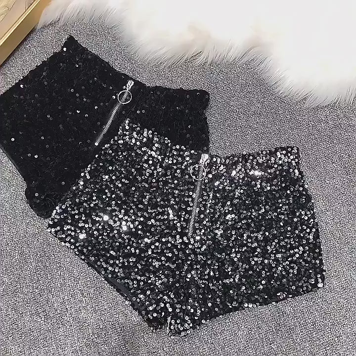 Load video: NURO Women's Velvet Sequin Shorts - High Waist, Bodycon, Zipper Detail, Velvet Hot Pants