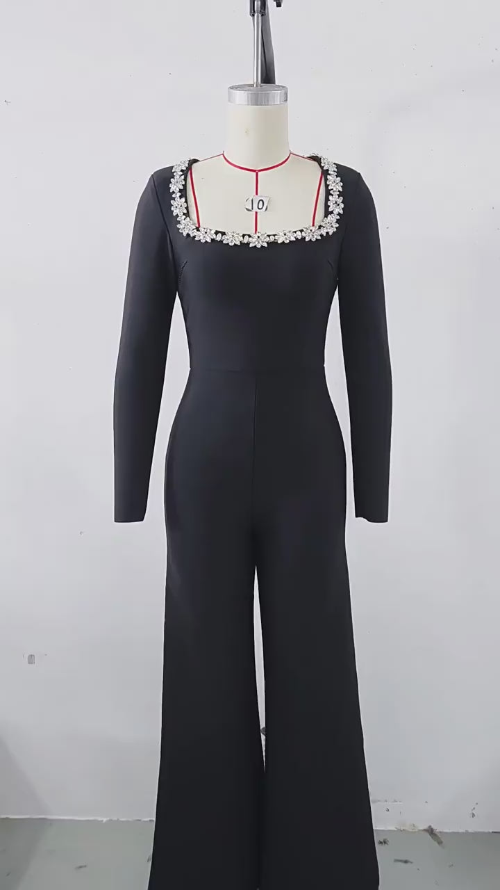 Load video: NURO Women's Rhinestone Embellished Jumpsuit, Square Neck Long Sleeve Wide-Leg Romper