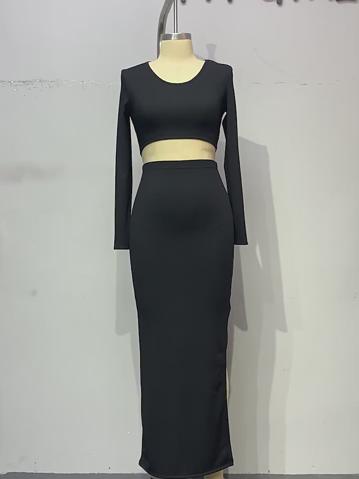 Load video: NURO Women's Long Sleeve Ribbed Knit Top &amp; High Slit Bodycon Skirt 2-Piece Set