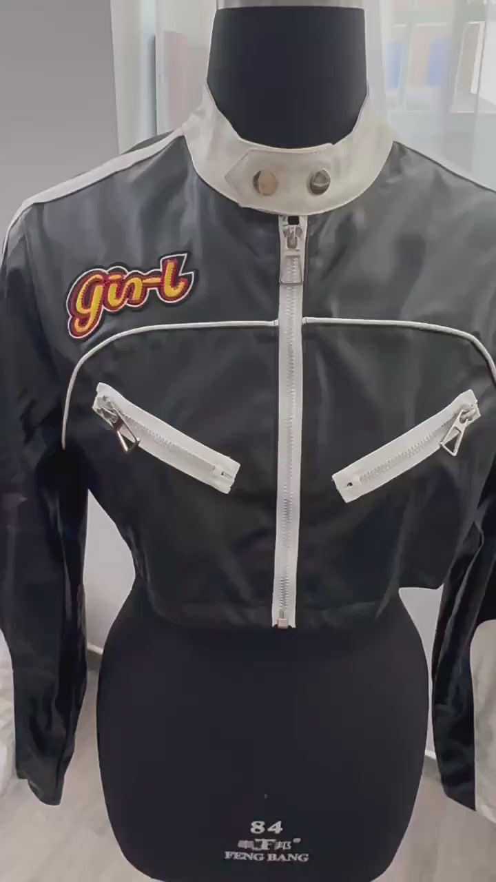 Load video: NURO Women's Color-Block Faux Leather Jacket, Cropped Stand Collar Biker Style Coat