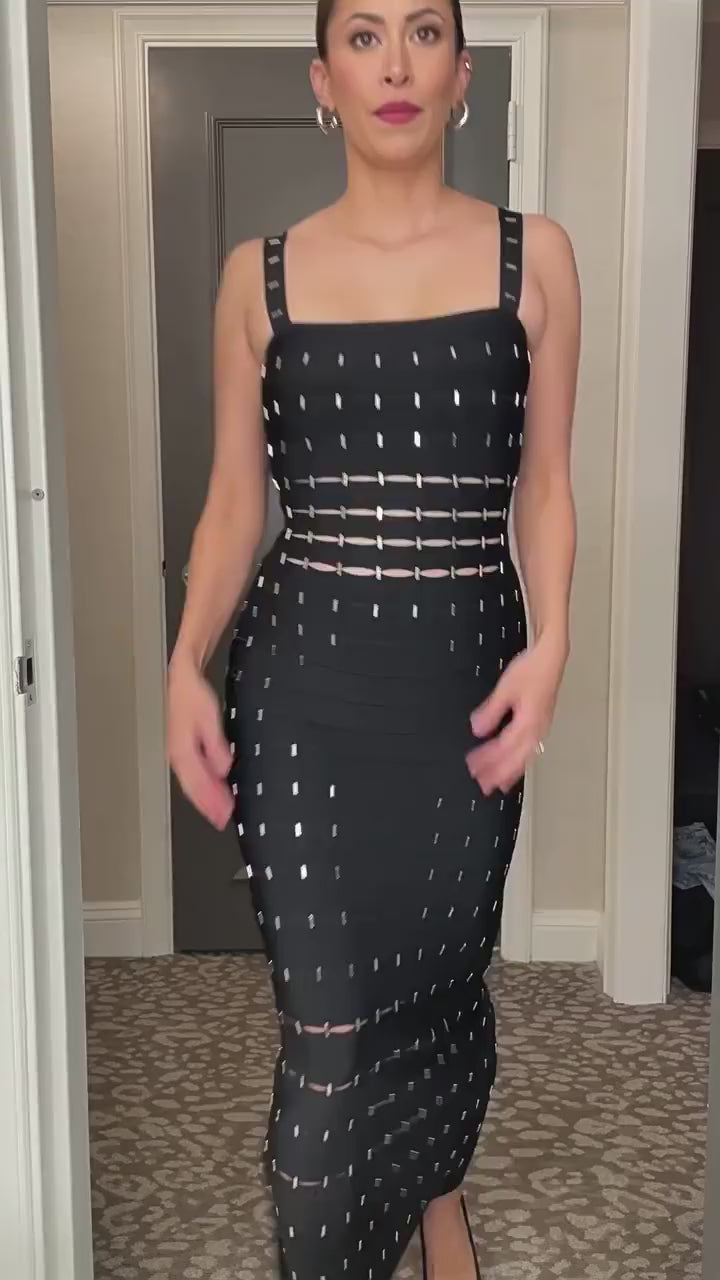 Load video: NURO Sleeveless Bandage Maxi Dress with Back Slit and Beaded Detail
