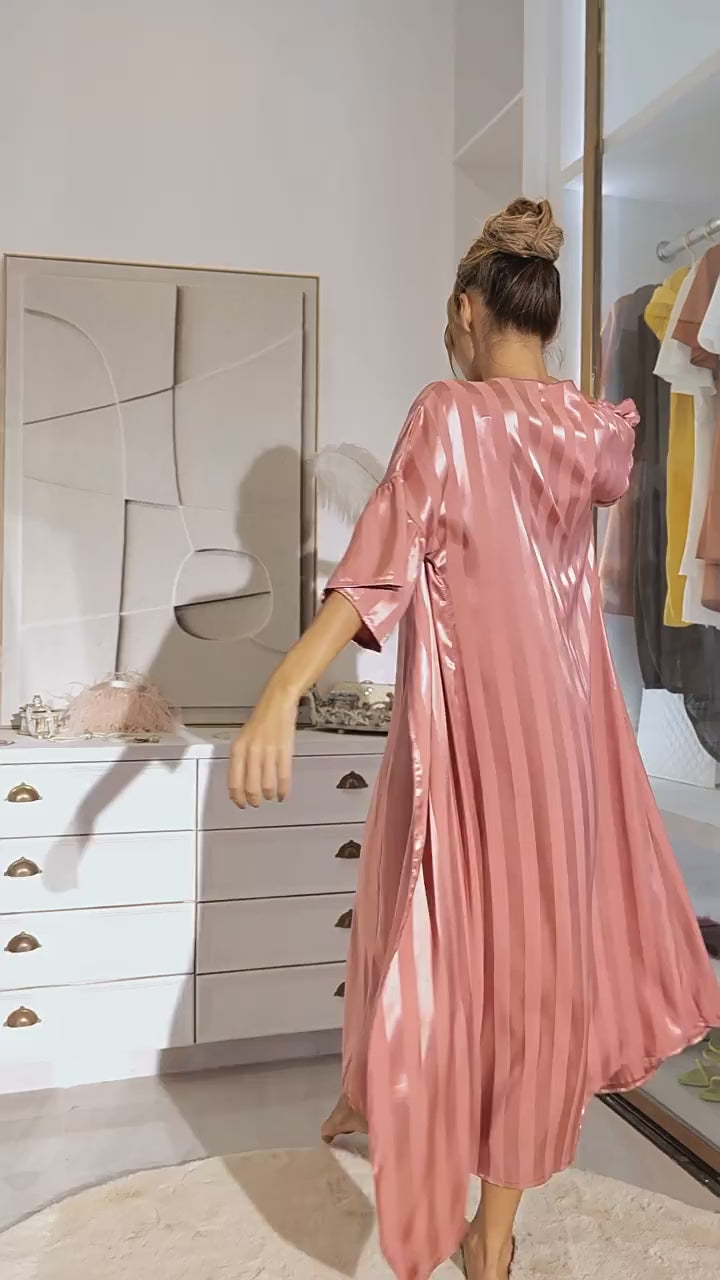 Load video: Women's Slip Nightgown Set with Straps and Sleeves – Premium Silk-Like Chiffon Robe &amp; Sleepwear Loungewear