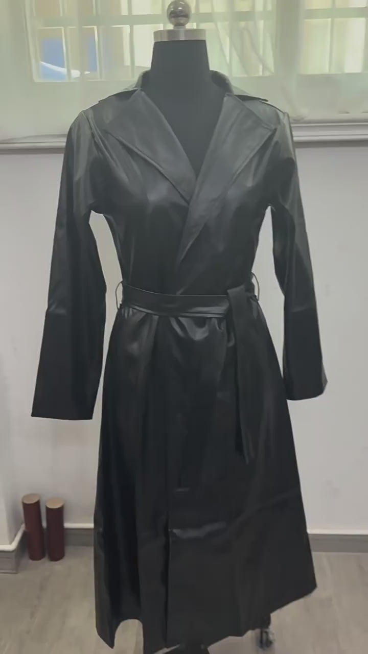 Load video: NURO Women's Long Trench Robe Coat, Wrinkle-Resistant PU Leather Outerwear