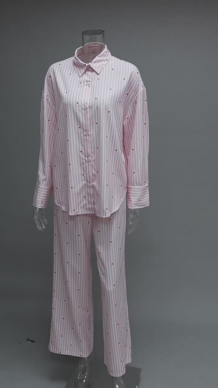 Load video: NURO Women's Long Sleeve Striped Loungewear Set - Casual Two Piece Pajama Set with Collar, Comfortable Home and Outdoor Wear