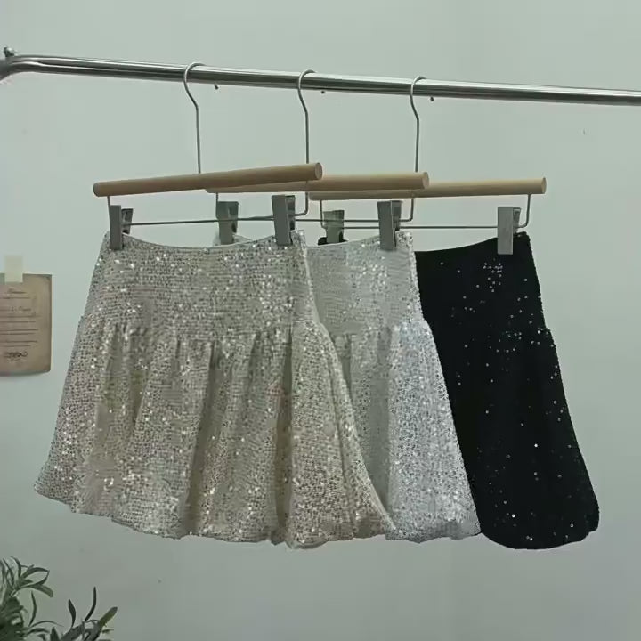Load video: NURO Women's Sequin Puff Mini Skirt, Sparkle Tulle Ballerina Skirt, Glitter Party Tutu Skirt