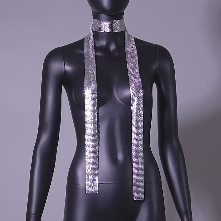 Load video: NURO Metallic Lace Choker Scarf Necklace Layering Chain Bib Accessory