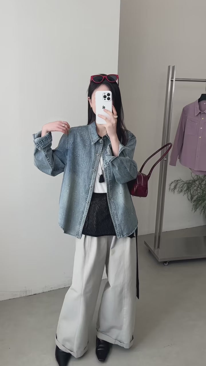 Load video: NURO Women's Oversized Denim Jacket with Splatter Print