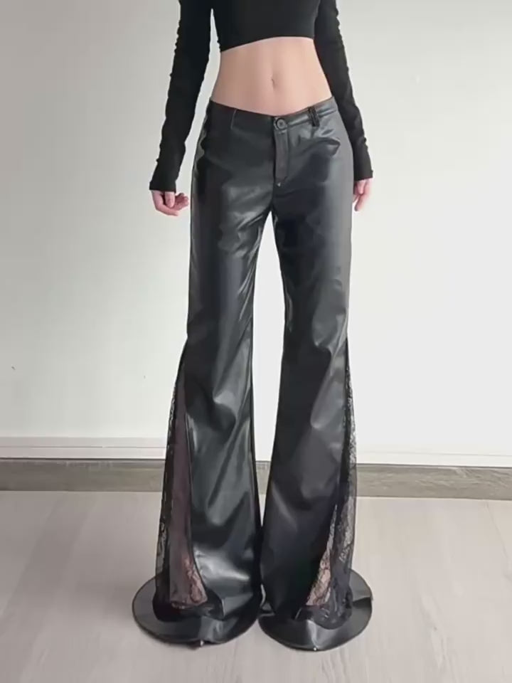 Load video: NURO Women's Dark Aesthetic PU Leather Pants | Low Waist Wide Leg Dragging Trousers | Oversized Fall Casual Pants
