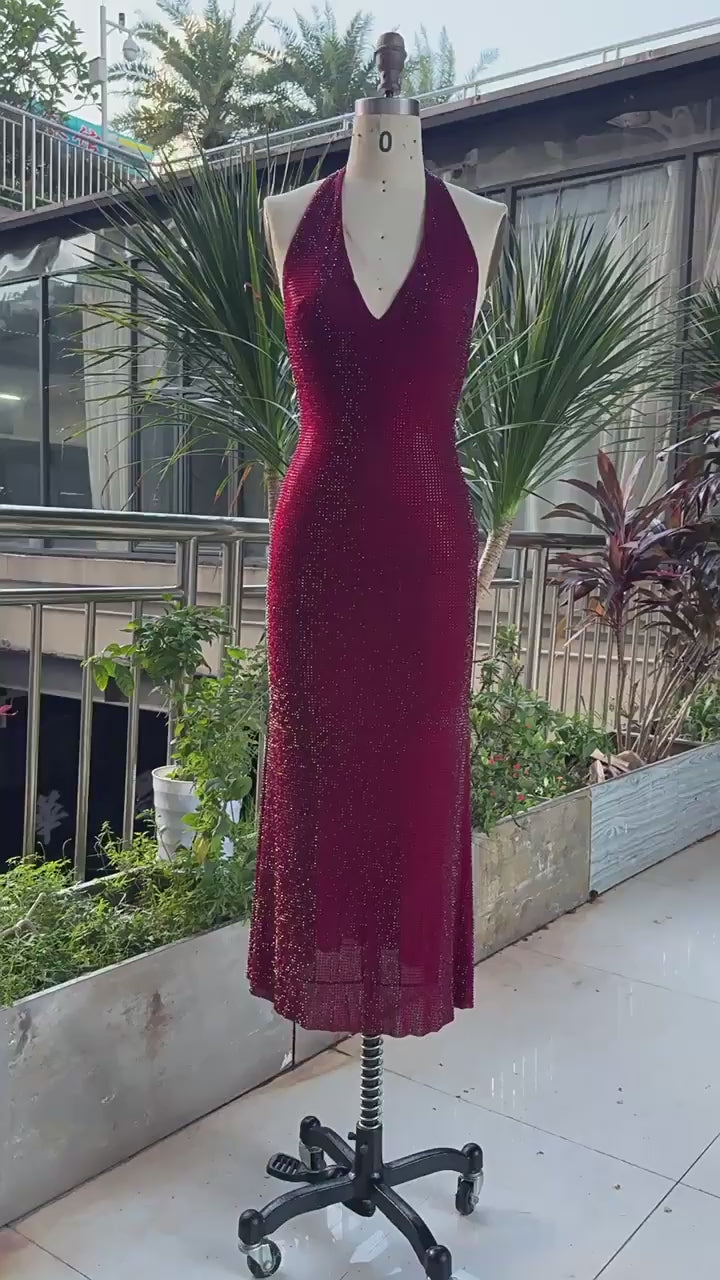 Load video: NURO Deep V Neck Rhinestone A-Line Mini Dress Women's Glamorous Party Cocktail Dress