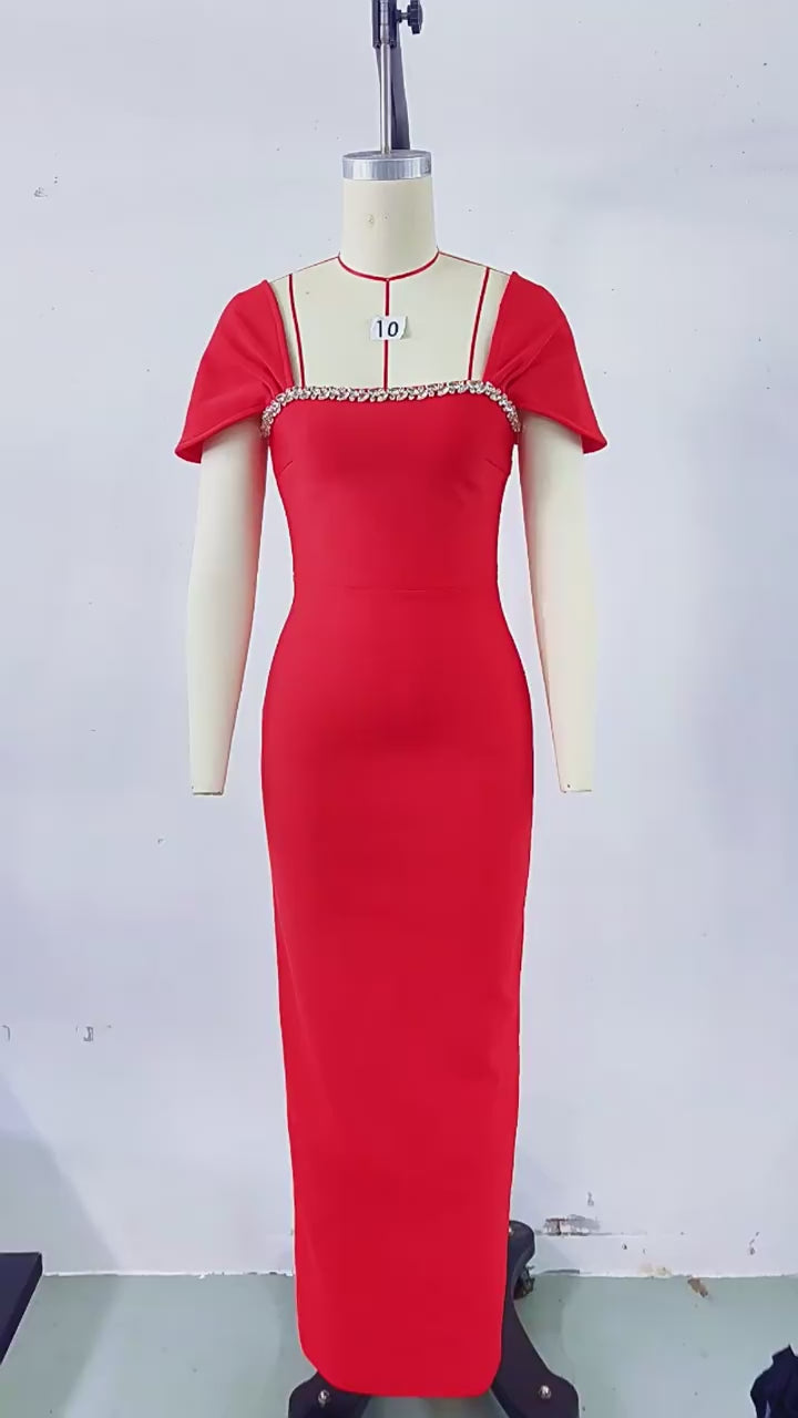 Load video: NURO Women's Rhinestone Bandage Evening Gown, Sleeveless Square Neck Bodycon Maxi Dress