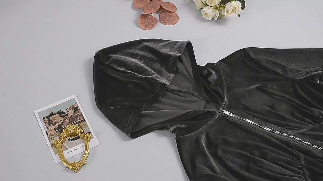 Load video: NURO Women's Velvet Hooded Sweatshirt and Shorts Set - Zipper Front, Long Sleeve, Casual Lounge Outfit