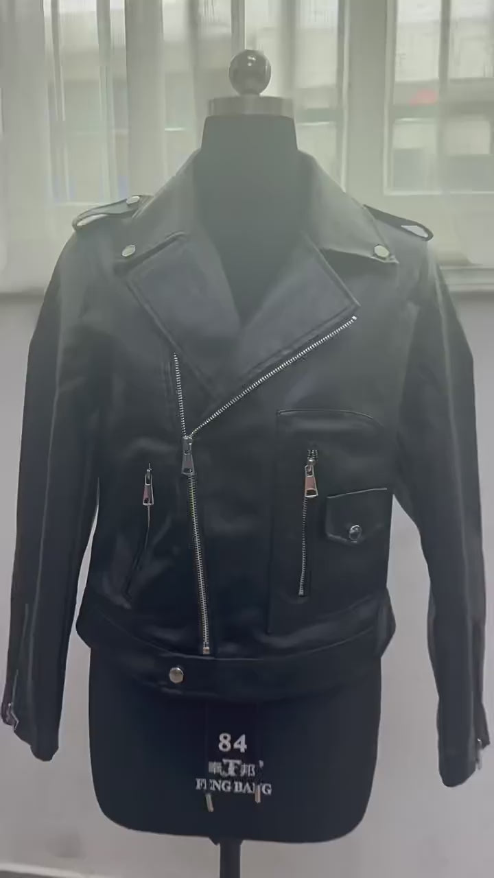 Load video: NURO Women's Short A-Line PU Leather Jacket, Zip Front Commuter Blazer