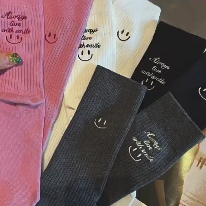 Load video: NURO Embroidered Smiley Face Casual Crew Socks for Women