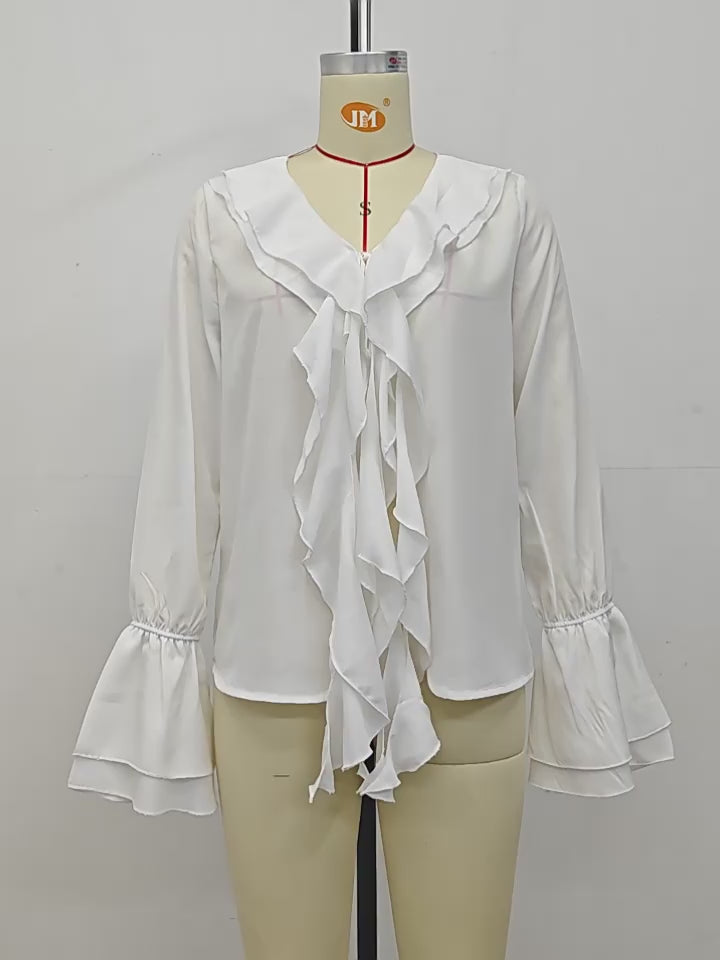 Load video: NURO Women's Tie Front Peplum Blouse with Bell Sleeves