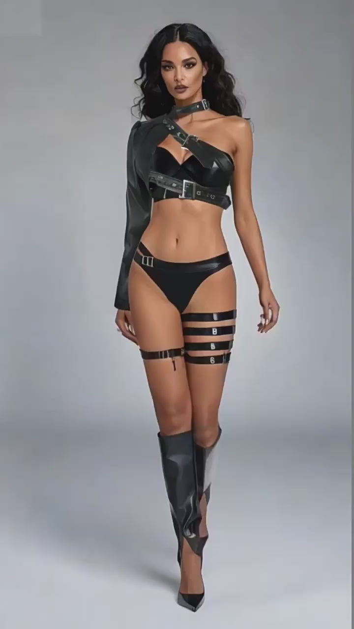 Load video: NURO Women's Off-Shoulder Tie-Front Faux Leather Jacket, Asymmetrical Cropped Punk Style Coat