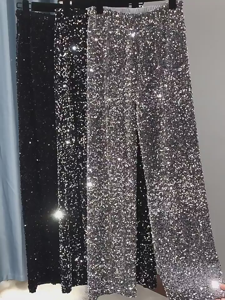 Load video: NURO Women's Velvet Sequin Wide Leg Pants - Flared, High Waist, Floor-Length, Glam Trousers