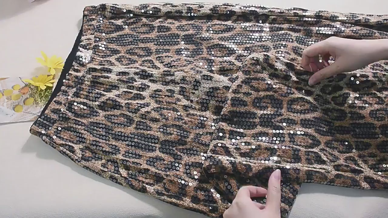 Load video: NURO Women's Sequin Embellished Straight Leg Pants - Leopard Print, High Waist, Stretchy, Streetwear Wide Leg Trousers