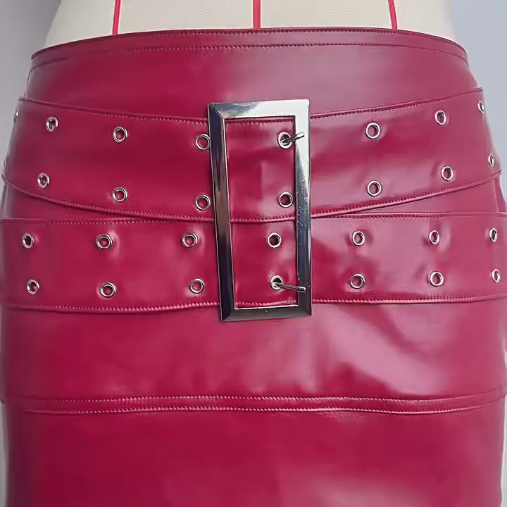 Load video: NURO Women's PU Leather Bodycon Mini Skirt - Buckle Detail Pencil Skirt, Streetwear Sexy Tight Fit Skirt