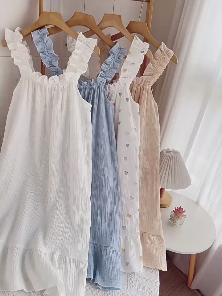 Load video: NURO Women's Sleeveless Cotton Gauze Sleep Dress, Sweet and Cute Midi Nightgown, Lightweight Summer Loungewear for Home or Casual Wear