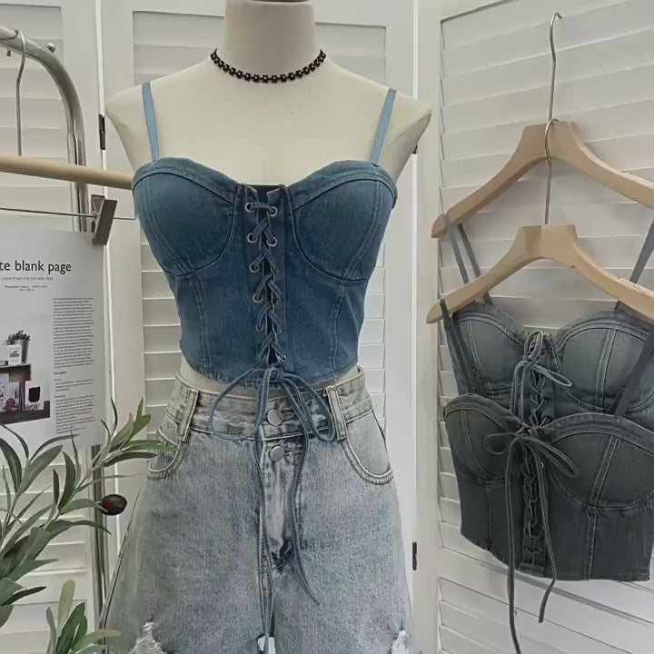 Load video: NURO Women's Built-In Bra Denim Vest, Adjustable Strap Cropped Corset Top with Bow Tie, Sexy Bodycon Bustier
