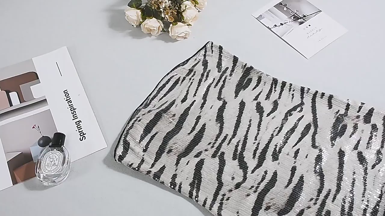 Load video: NURO Women's Strapless Sequin Zebra Print Bodycon Dress - Short, Backless, Evening Party Dress