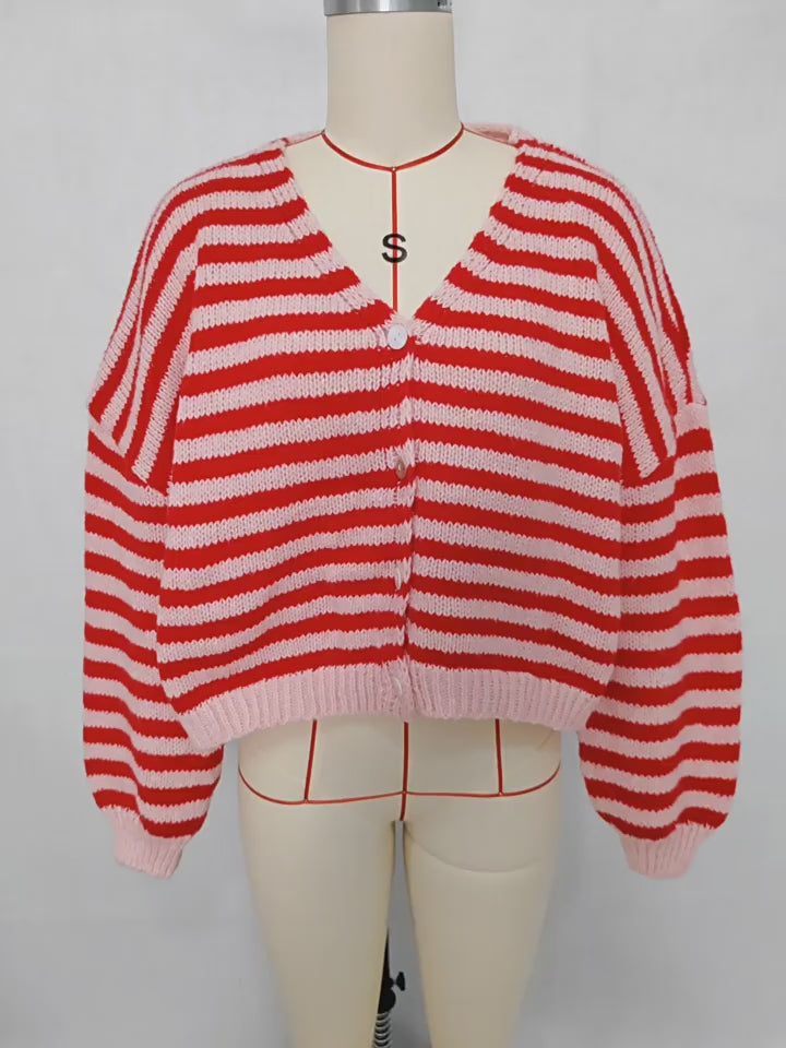 Load video: NURO Striped Patchwork Knit Cardigan Women's Casual Button-Up Cover-Up