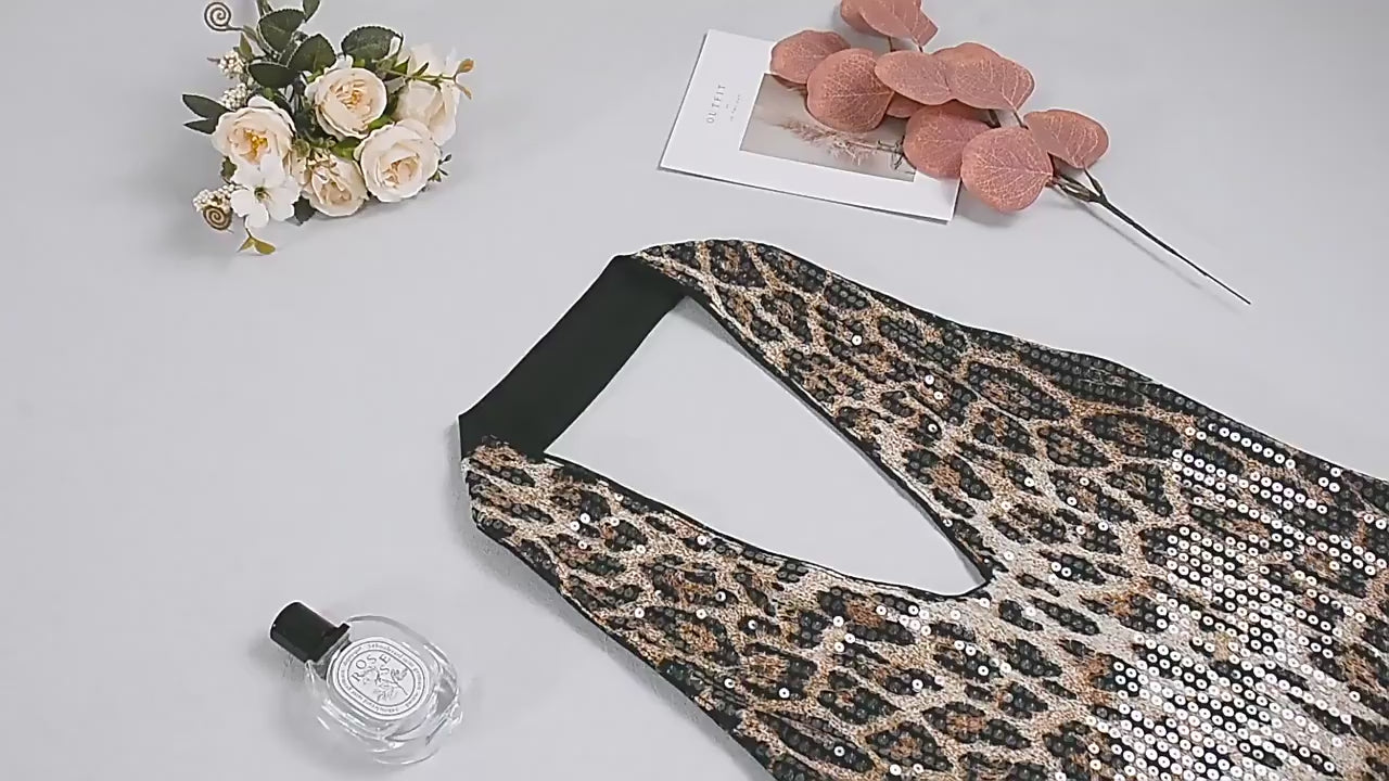 Load video: NURO Women's Halter Neck Sequin Leopard Bodycon Mini Dress - Deep V Front, Backless, Party Dress