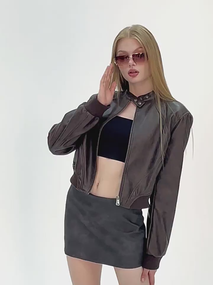 Load video: NURO Women's Faux Leather Baseball Jacket, Short Stand Collar Zip-Up PU Jacket for Casual Wear