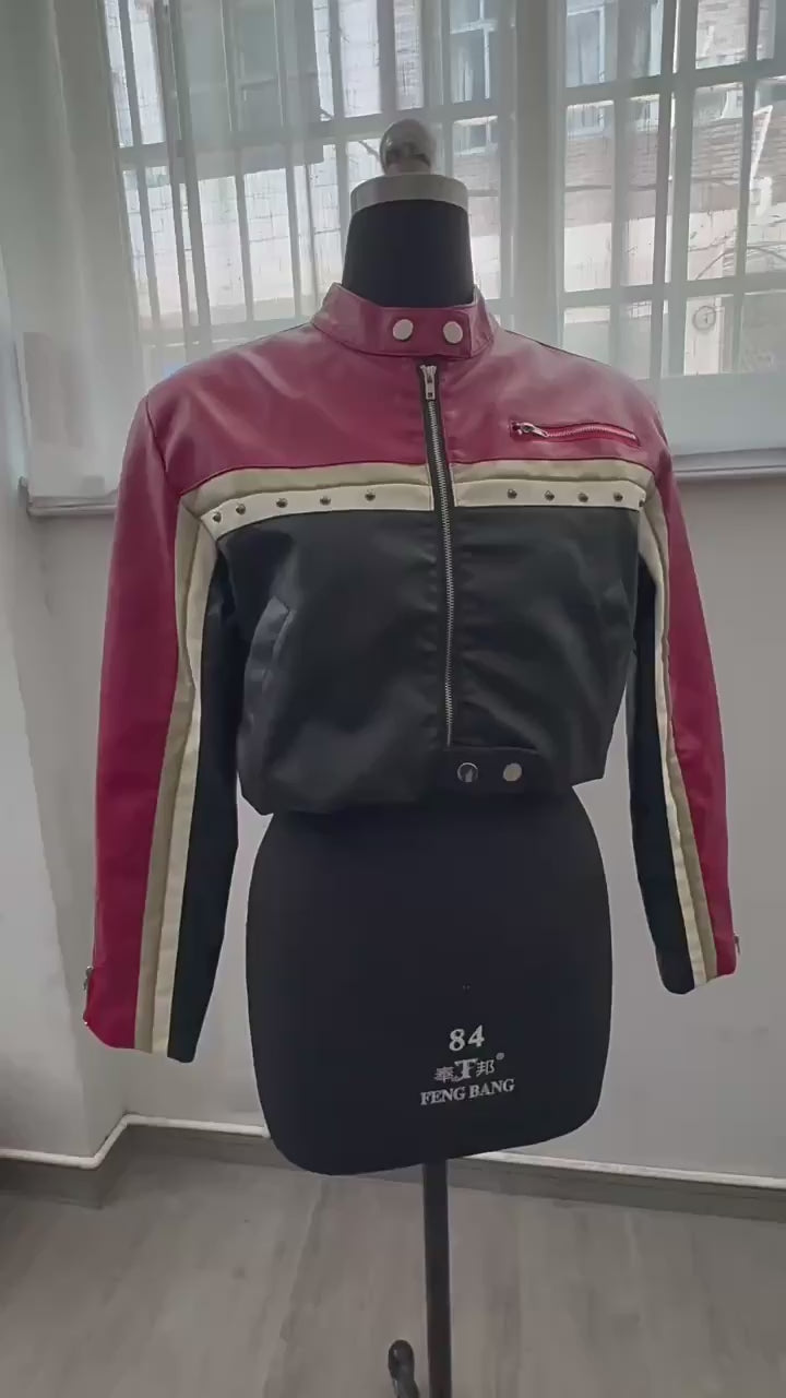 Load video: NURO Women's Color-Block Crop PU Leather Jacket, Loose Fit Biker Style Zip-Up