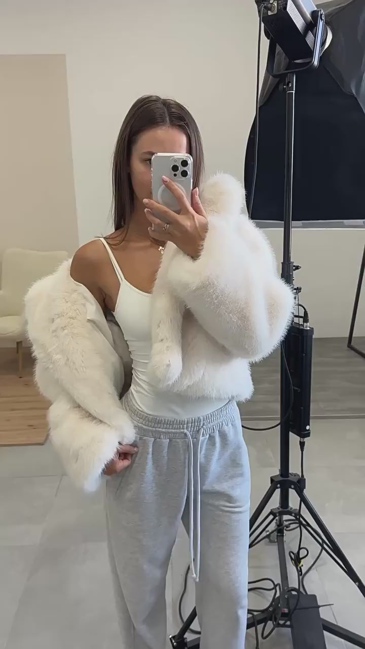 Load video: NURO Women's Hooded Faux Fur Jacket, Short Plush Coat, Urban Elegant Outerwear for Fall and Winter