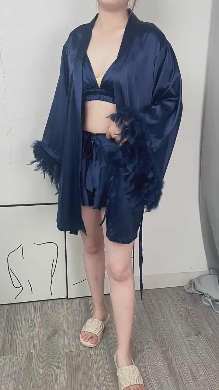 Load video: NURO Women's Satin Robe &amp; Loungewear Set - Long Sleeve Kimono with Shorts, Feather Trim Satin Pajama Set for Home and Hotel