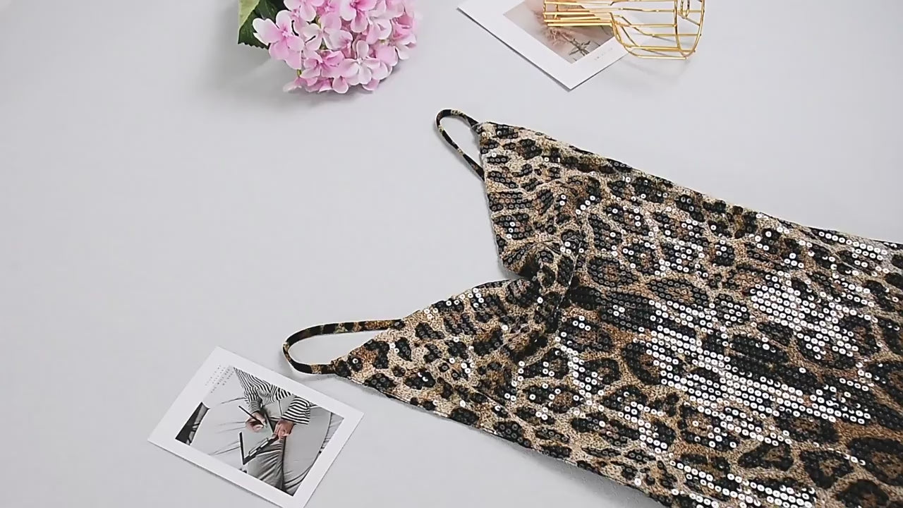 Load video: NURO Women's Halter Neck Sequin Leopard Mermaid Dress - Deep V Back, Lace-Up, Evening Gown, Bodycon Fit