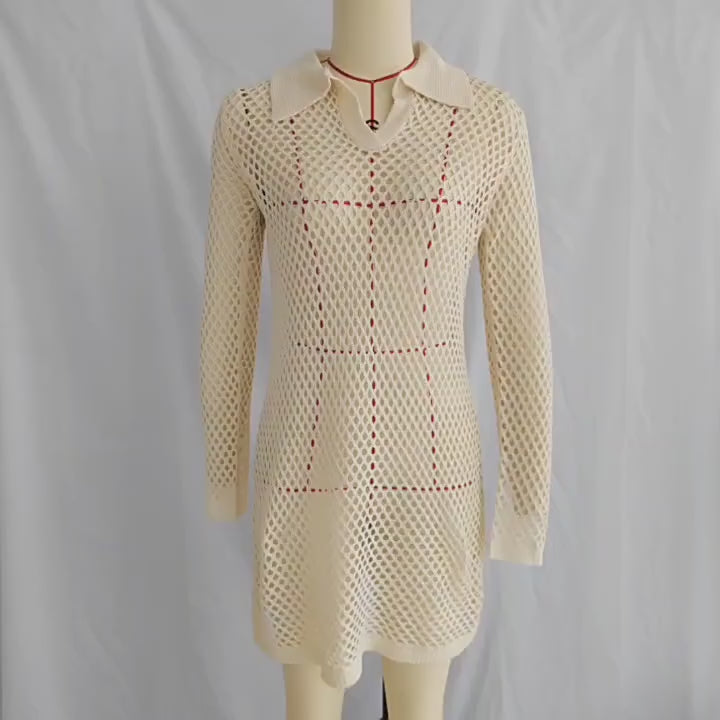 Load video: NURO Women's Cut-Out Mesh Polo Dress, Long Sleeve Asymmethem Beach Cover-Up