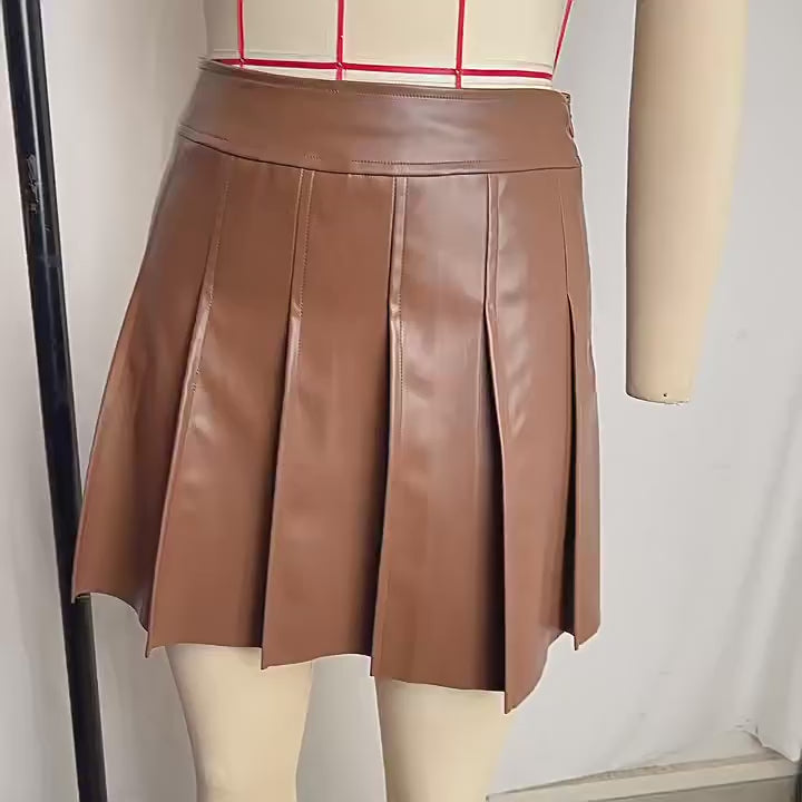 Load video: NURO Women's PU Leather Pleated Mini Skirt - High Waist Bodycon Skirt with Plissé Detail, Streetwear Sexy Skirt