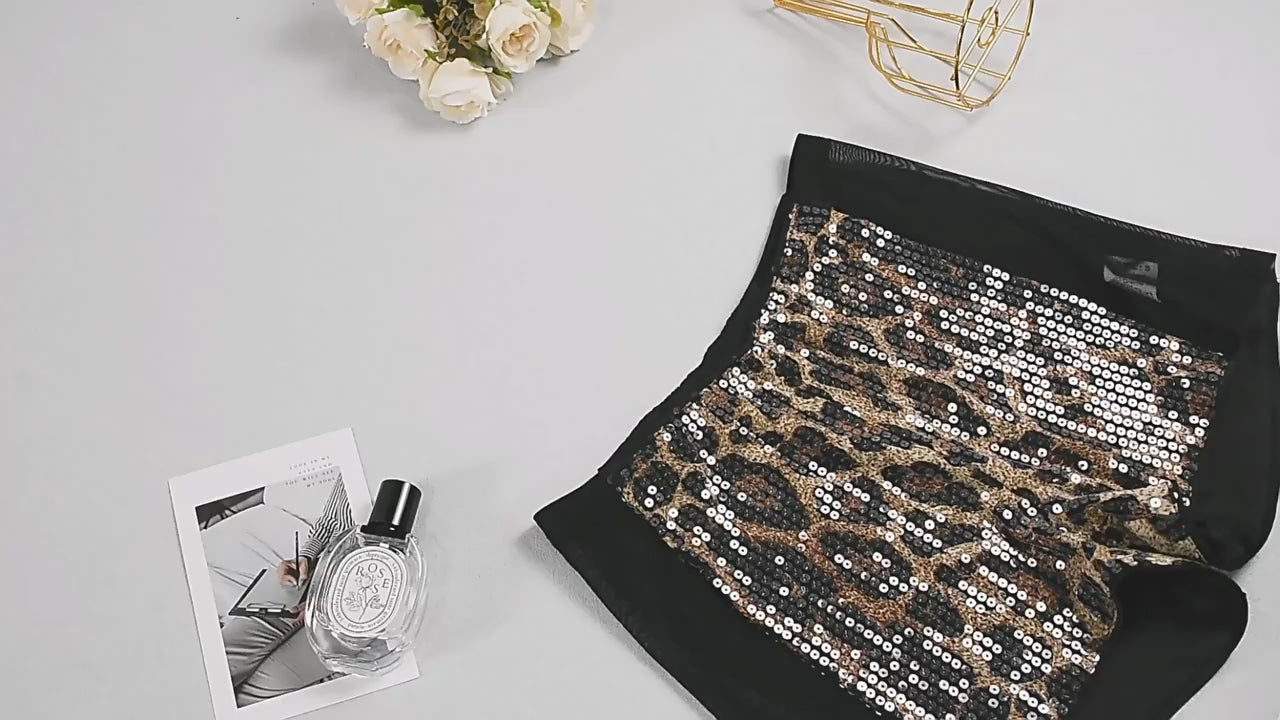 Load video: NURO Women's Sequin Mesh Patchwork Leopard Print High-Waisted Shorts - Stretchy, Bodycon, 3/4 Length Biker Shorts