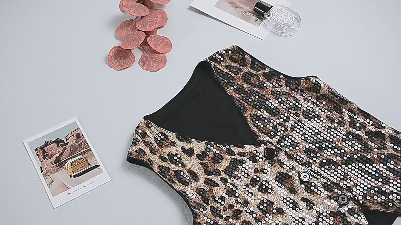Load video: NURO Women's Sequin Leopard Print Cardigan Vest - V-Neck, Button Front, Fitted Sleeveless Top, Streetwear