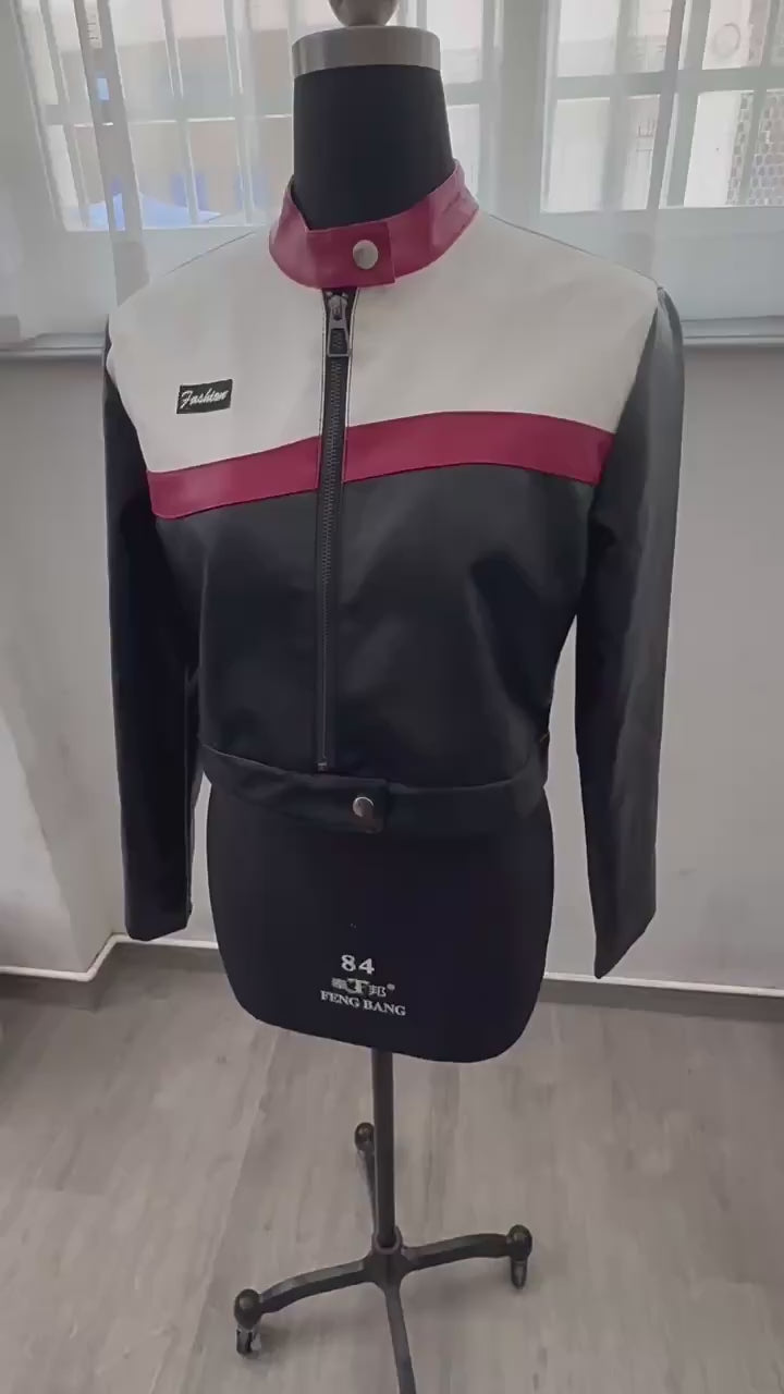 Load video: NURO Women's Color-Block Biker Jacket, Cropped Stand Collar Pilot Style Coat